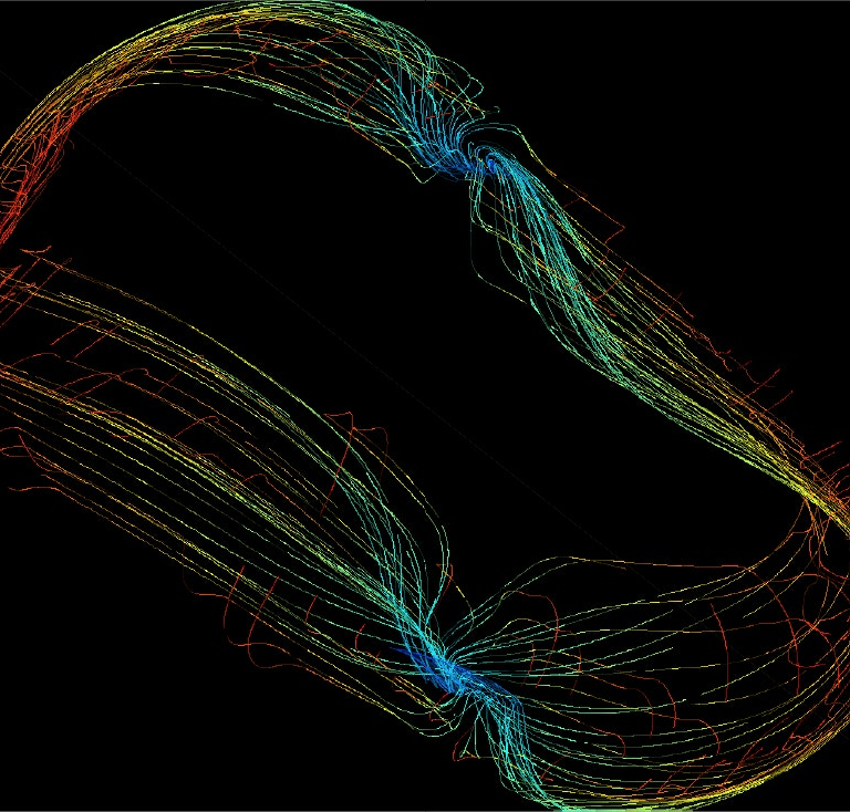 Colorful, looping lines form a symmetrical, abstract pattern against a black background, with blue, green, yellow, and red gradients converging at two focal points on opposite sides.