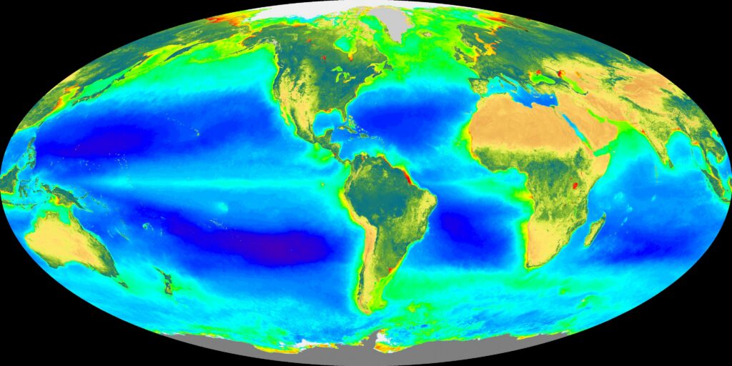 A colorful map of Earth showing land in green and brown shades and oceans in varying blues, highlighting differences in vegetation and ocean productivity across regions.