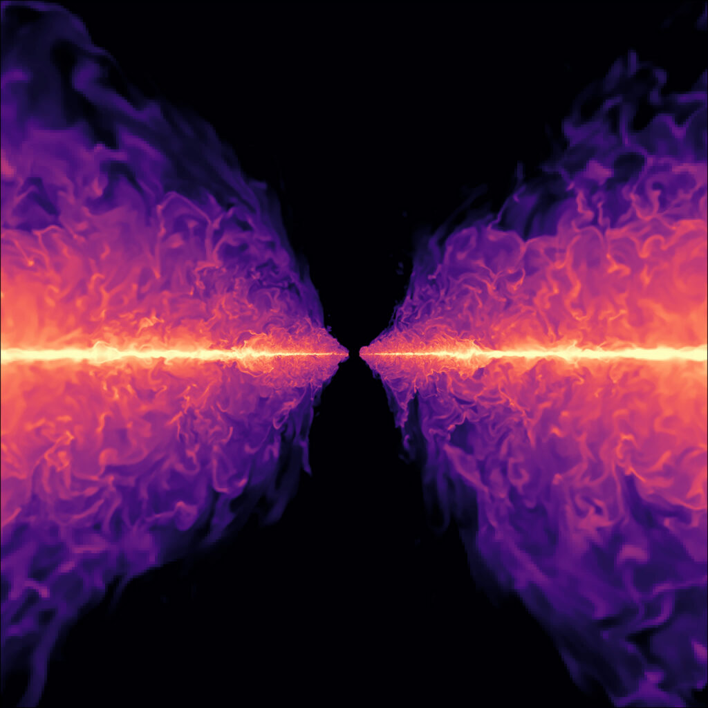 Still from a simulation showing a cross section of an accretion disk around a black hole.