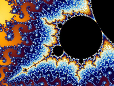 Colorful fractal image with swirling blue, yellow, and orange patterns, featuring large black circular shapes and intricate, repeating designs radiating outward.