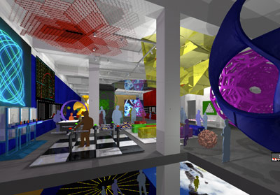 A modern, colorful science exhibition features abstract geometric sculptures, interactive displays, and people exploring the vibrant space filled with creative lighting and scientific models.