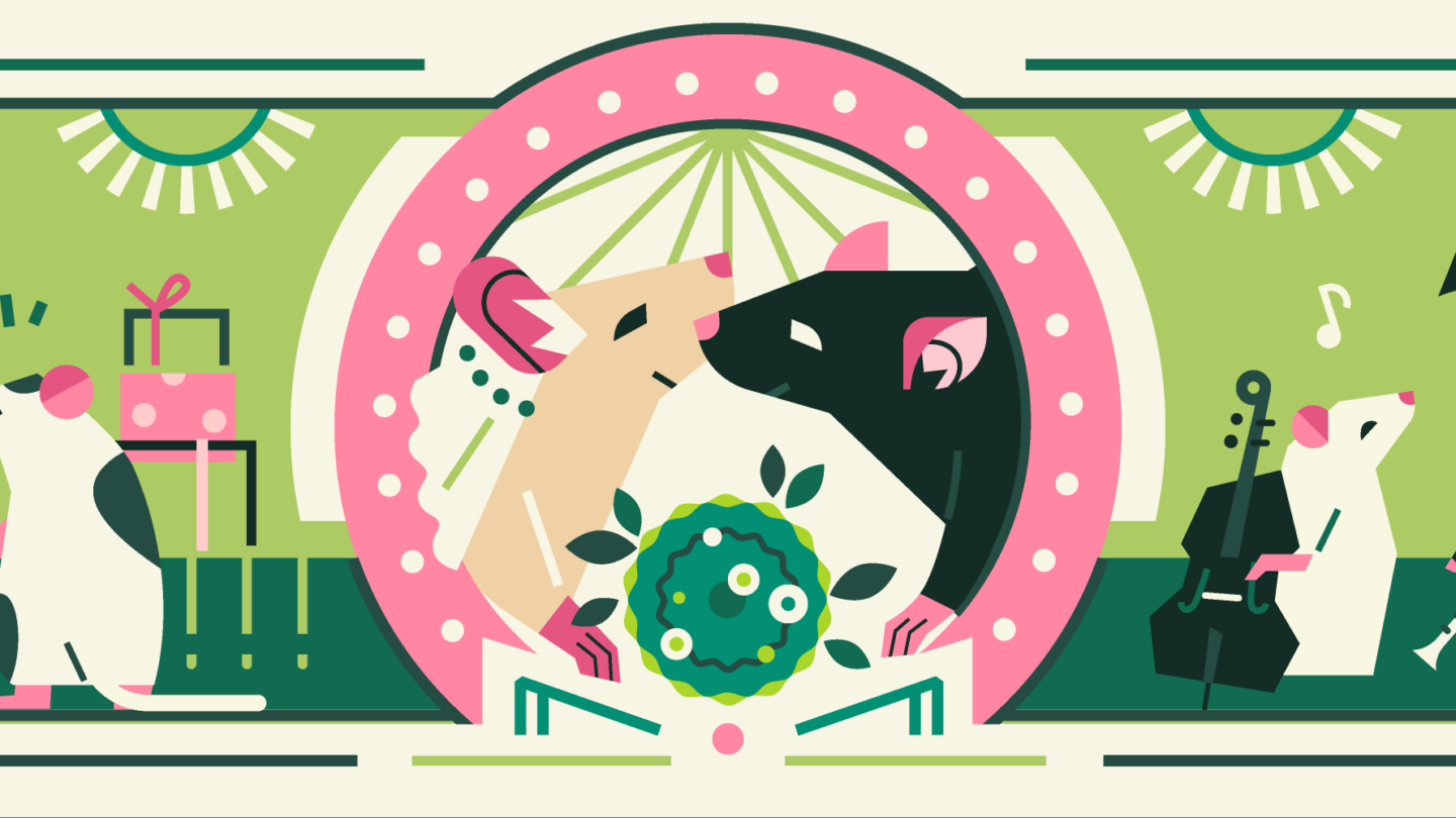 Illustration of rats in party hats celebrating with drinks, music, and gifts. Some rats socialize, one plays a trumpet, and another serves martinis on a tray. The scene is festive and colorful, mainly in green, pink, and cream tones.