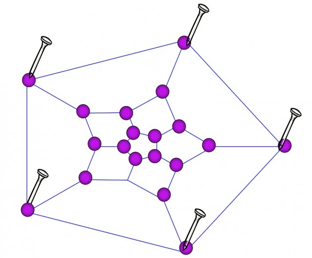 A geometric web made of blue lines and purple nodes is pinned at four outer points with silver nails.