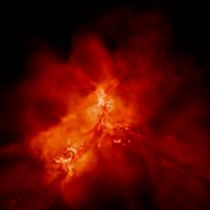 A vivid, fiery-red cloud of gas and dust swirls in space, resembling a cosmic explosion or nebula against a black background.