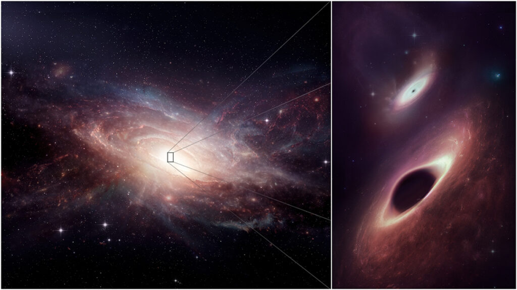 Illustration of a galaxy with a zoomed-in view highlighting two black holes, one large and one smaller, surrounded by glowing light and cosmic dust.