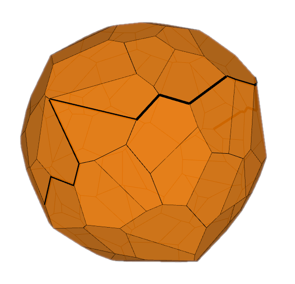 A 3D orange polyhedron with irregular pentagonal and hexagonal faces is shown on a light background. Some edges are highlighted in black, emphasizing the geometric structure.