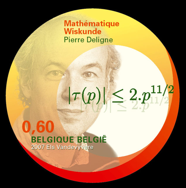 A Belgian stamp featuring Pierre Delignes portrait, mathematical notation, and text in French and Dutch. The value 0,60 and BELGIQUE BELGIË are shown, with yellow, orange, and red circular design elements.