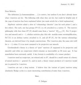 A typed letter dated January 31, 2012, discusses t-motives and cohomology theories in mathematics, referencing algebraic varieties, cohomology, motives, and includes mathematical notation throughout. Signed by P. Deligne.