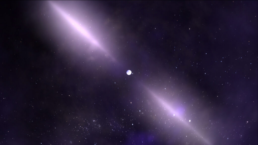 An artist's illustration of a pulsar showing the two beams of radio waves emanating from the star's poles.