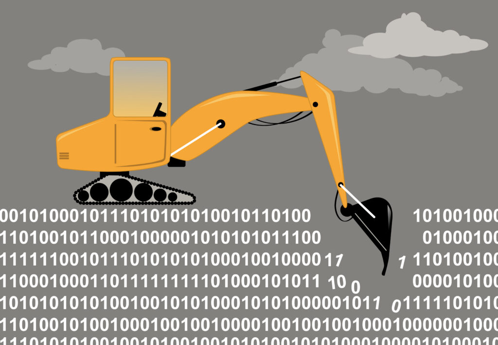 Digital illustration of digger digging through 1s and 0s
