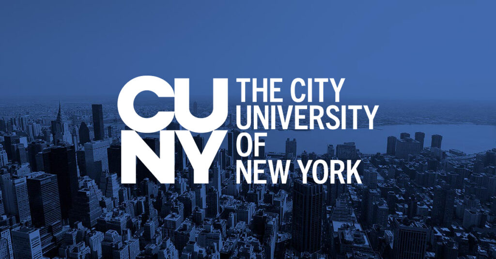 CUNY The City University of New York logo is displayed over a blue-tinted aerial view of Manhattan skyscrapers and the Hudson River.