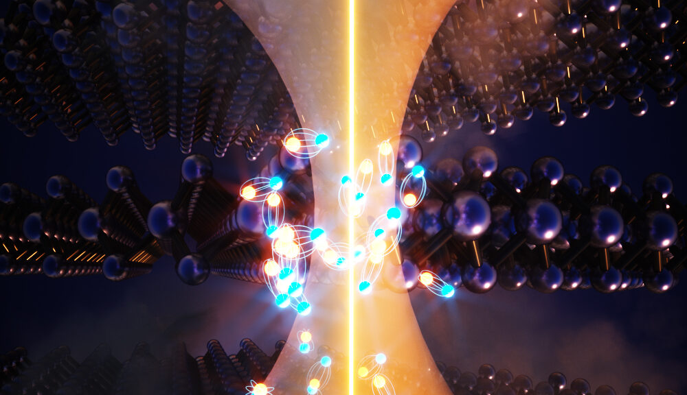 An illustration of excitonic gas confined to the planes of the layered van der Waals semiconductor tungsten diselenide.
