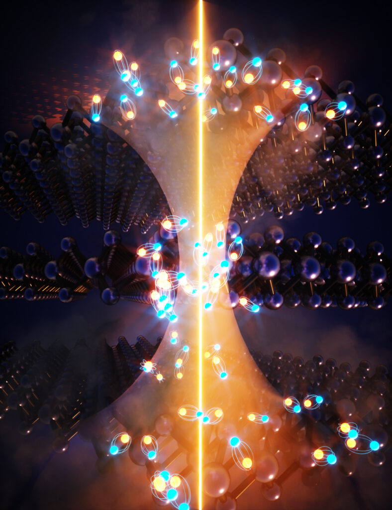 An illustration of excitonic gas confined to the planes of the layered van der Waals semiconductor tungsten diselenide.