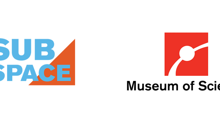 The Museum of Science Sub Space Hero Image. The logos for the two groups mentioned are arranged in an alternating pattern. The pattern consists of four units. Two of them are the logo for Subspace, which consists of its name in blue text split into two rows, so that one contains 