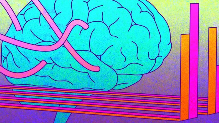 A digital illustration of a blue human brain connected to pink tubes. To the right of the brain and tubes is a simplified representation of a bar graph, consisting two sets of pairs of orange and purple bars.