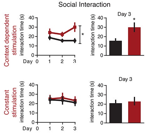 Two sets of line and bar graphs comparing social interaction times over three days with context-dependent vs. constant stimulation. Context-dependent group shows increased interaction time on day 3.