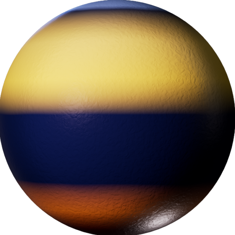 A textured sphere with three horizontal stripes: yellow on top, dark blue in the middle, and dark orange at the bottom.
