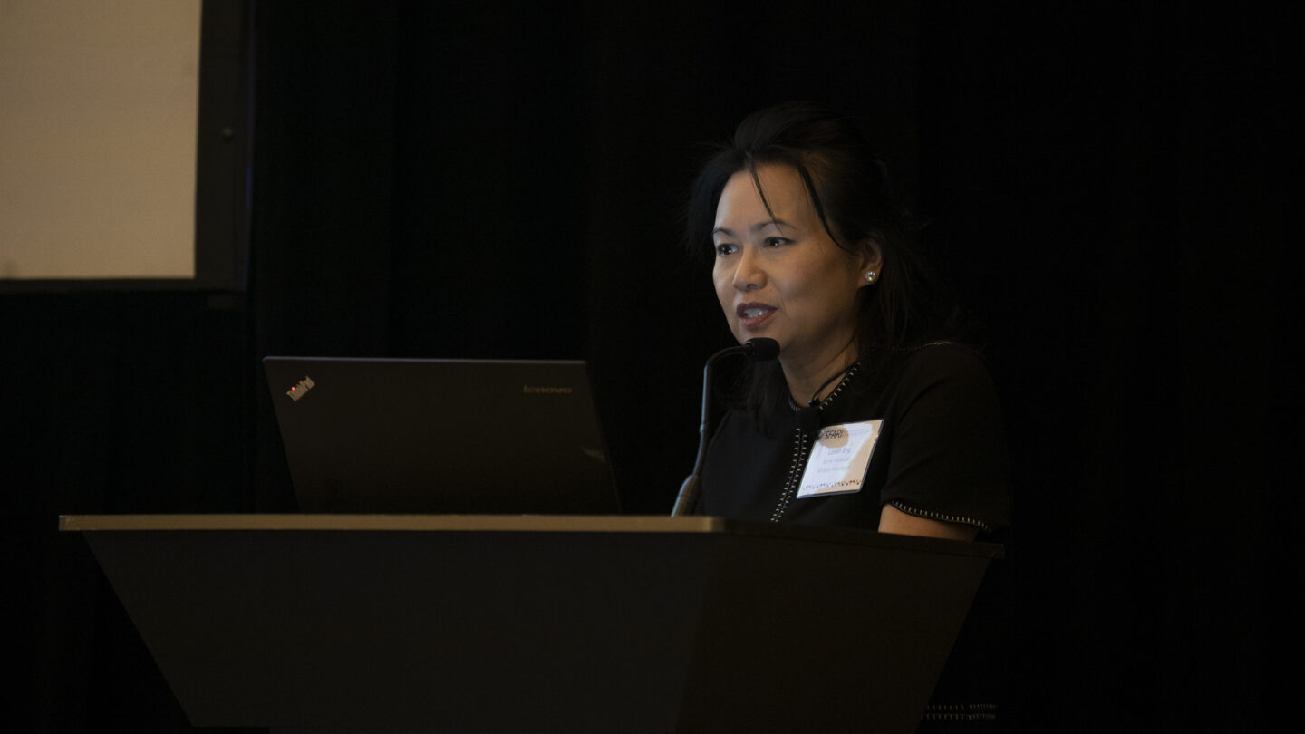 Image of Keynote speaker Loren Eng, President of the Spinal Muscular Atrophy (SMA) Foundation, recounts the journey she embarked on with her husband, Dinakar Singh, to found the SMA Foundation.