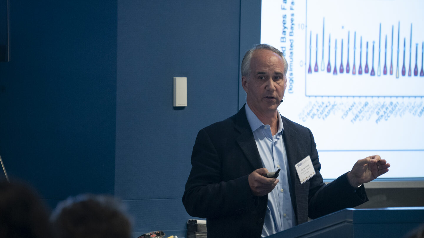Image of Dan Geschwind of the University of California, Los Angeles presents results from a recent whole-genome sequencing study of autism, among other findings.
