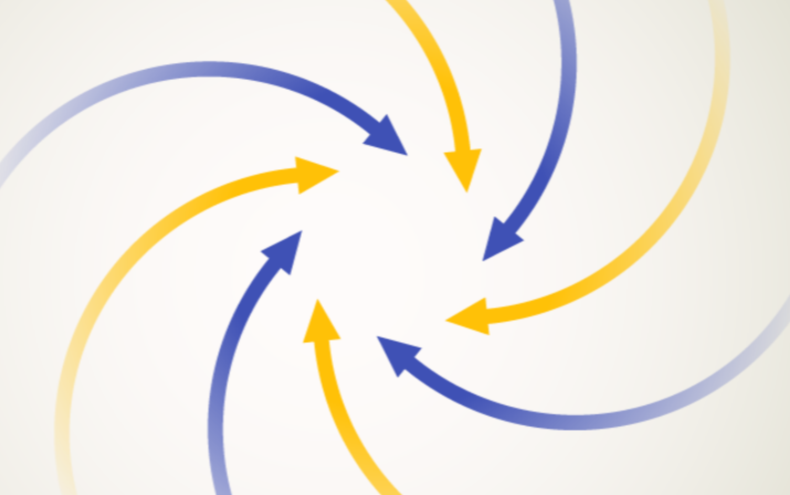 Six curved arrows, three blue and three yellow, spiral inward toward the center of a white background, creating a dynamic, swirling pattern. The arrows alternate colors and have a gradient effect, fading at the edges.