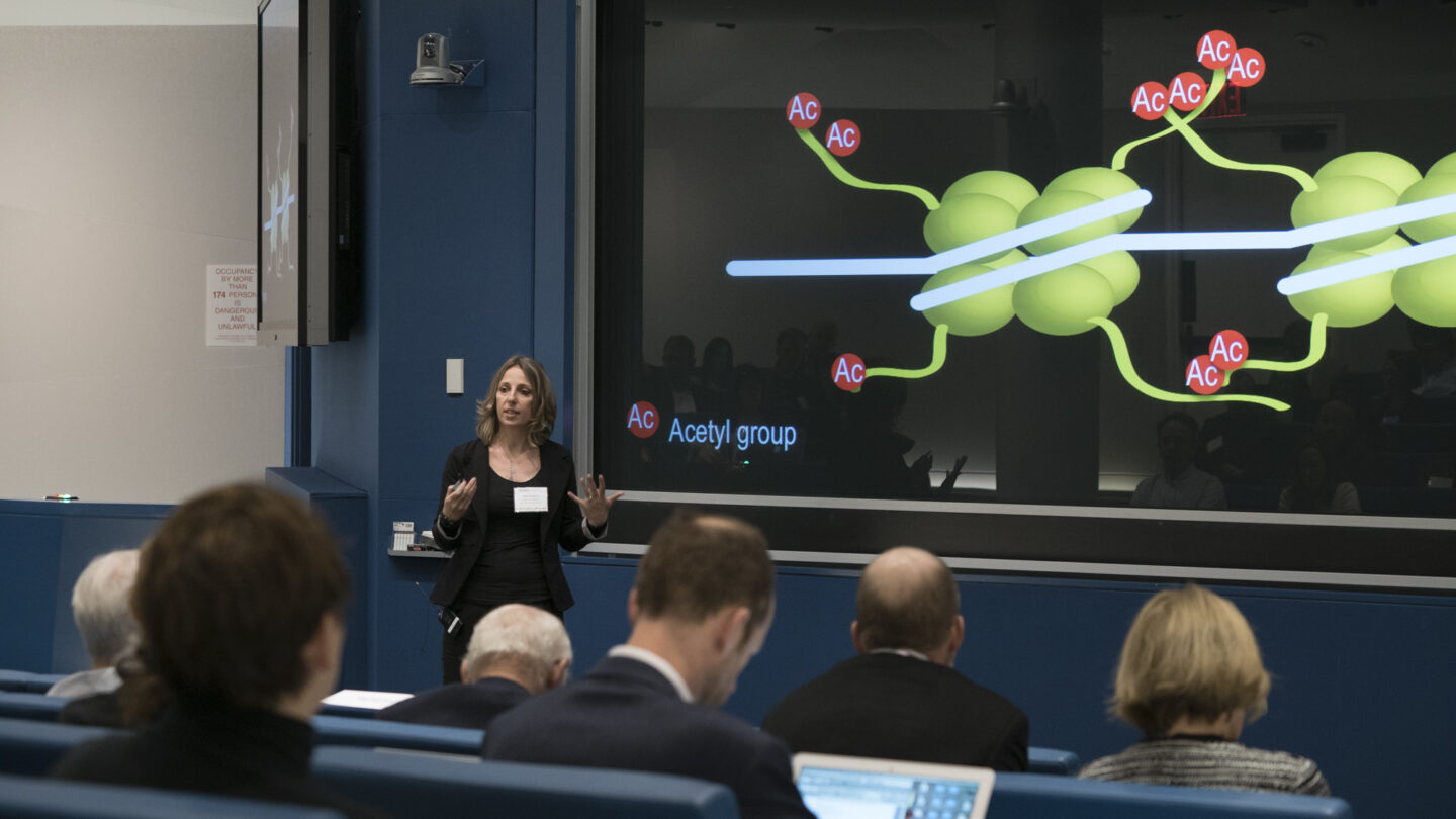 A woman presents scientific information to an audience in a lecture hall, standing by a screen displaying a diagram labeled Acetyl group with molecular graphics and Ac markers.