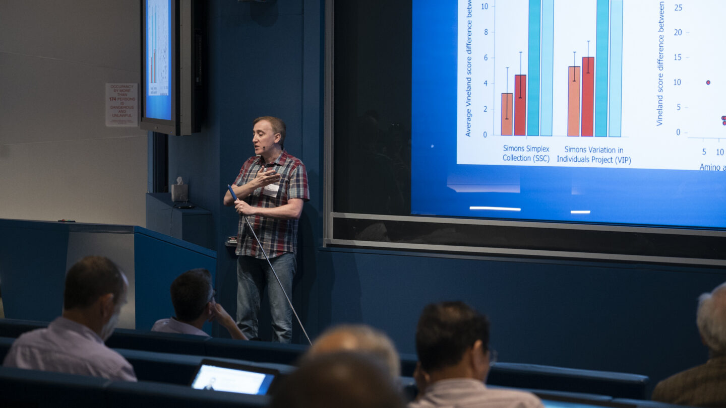 Image of Dennis Vitkup of Columbia University shows results from a study examining the impact of likely gene-disrupting de novo mutations on autism phenotypes.