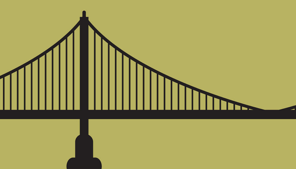 Silhouette of a suspension bridge against a solid light yellow background, with vertical cables and a central tower visible.