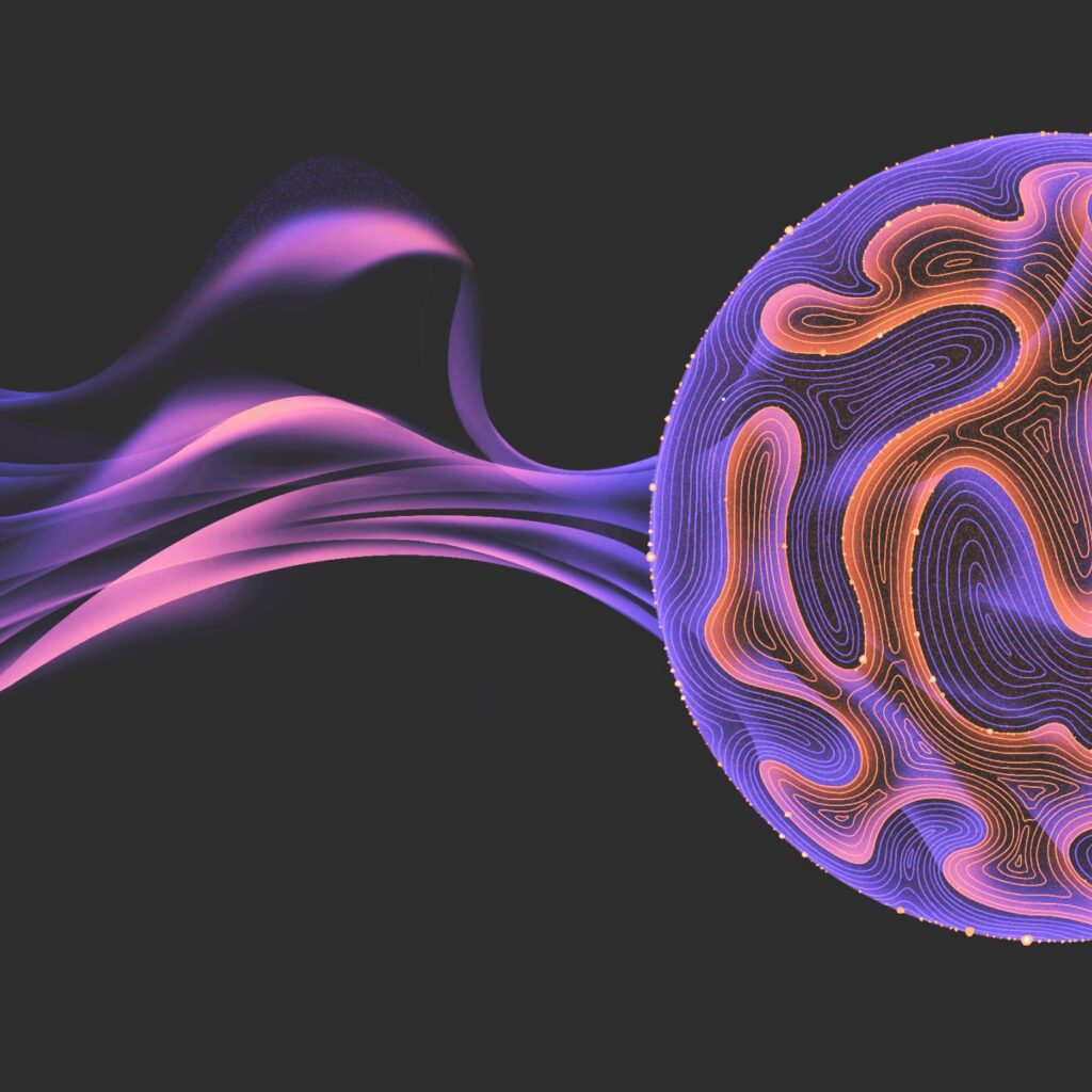 A vibrant abstract image shows swirling purple and orange lines forming a sphere on the right, with wavy patterns flowing from a curved edge on the left, all set against a dark background.