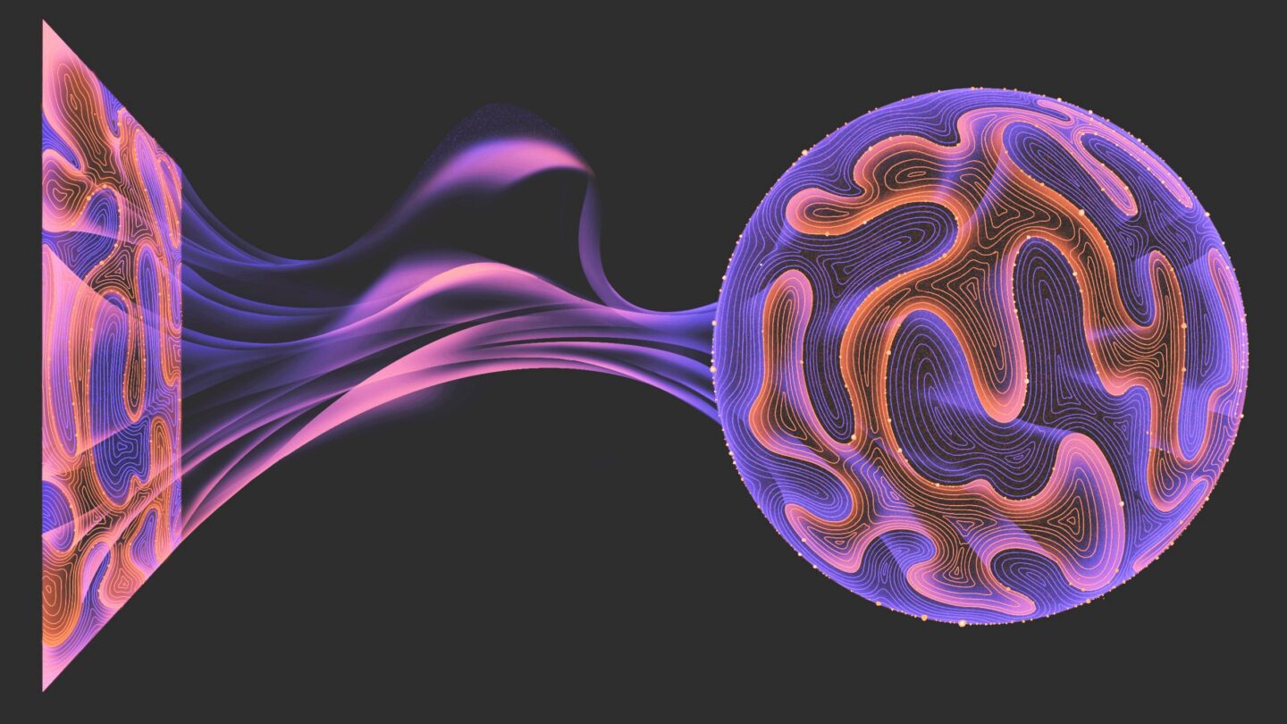 A vibrant abstract image shows swirling purple and orange lines forming a sphere on the right, with wavy patterns flowing from a curved edge on the left, all set against a dark background.