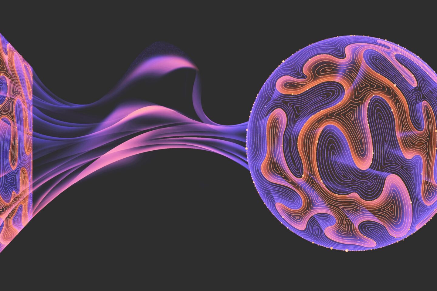 A vibrant abstract image shows swirling purple and orange lines forming a sphere on the right, with wavy patterns flowing from a curved edge on the left, all set against a dark background.