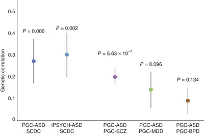Scatter plot showing genetic correlations between different studies/disorders, with error bars and p-values above each point. Five colored dots represent various disorder pairings on the x-axis and genetic correlation on the y-axis.
