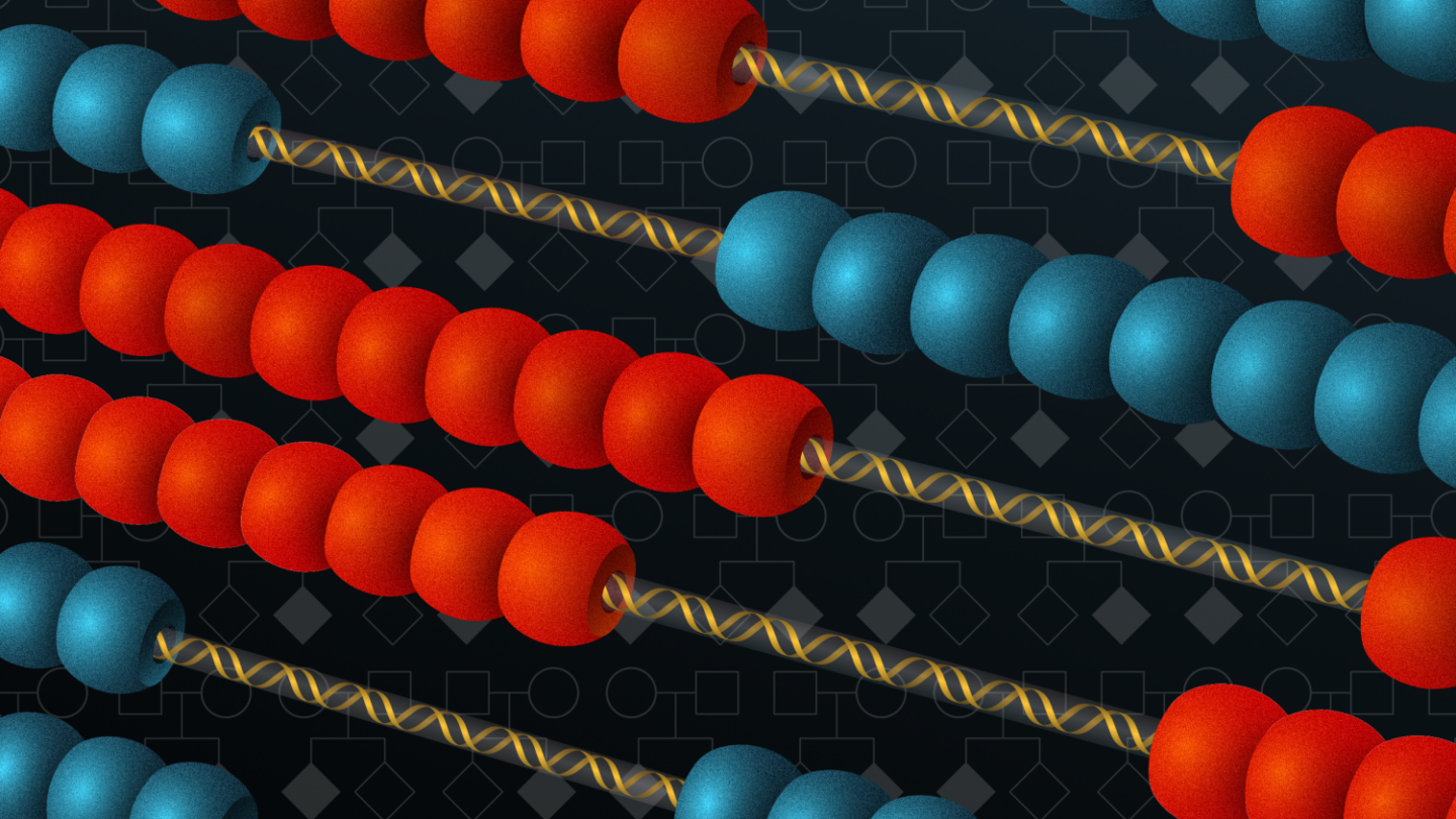 Colorful abacus beads in blue and red are arranged diagonally on rods with a dark, patterned background featuring faint geometric shapes and DNA-like lines.