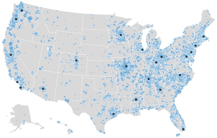 A map of the United States showing numerous blue and black dots scattered across states, indicating data points or locations, with higher concentrations in the eastern regions.
