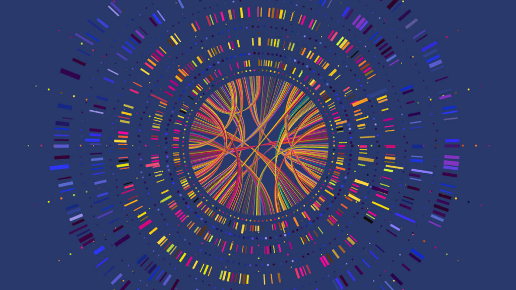 Colorful concentric circles and bars radiate from a vibrant, tangled center on a dark blue background, resembling abstract data visualization or a digital network.
