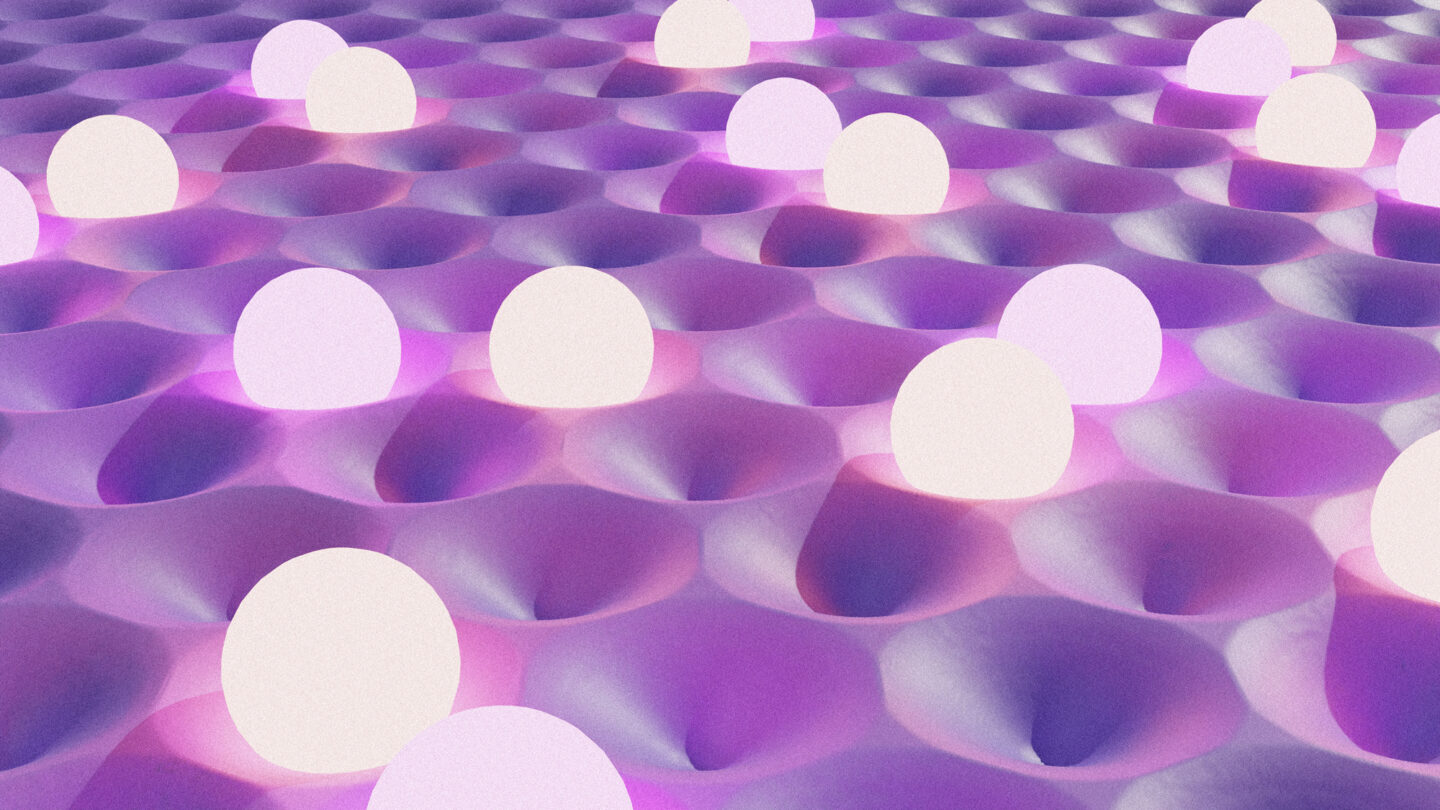 Illustration of an optical lattice, which looks like an egg crate, with pairs of particles sitting in various pockets of the lattice.