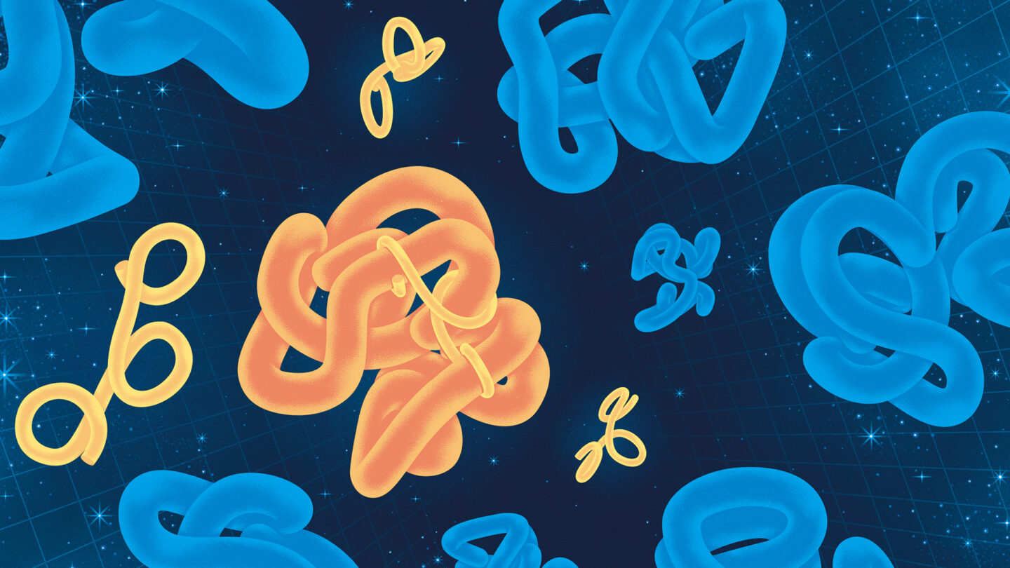 Illustration of abstract proteins floating through a starry sky.