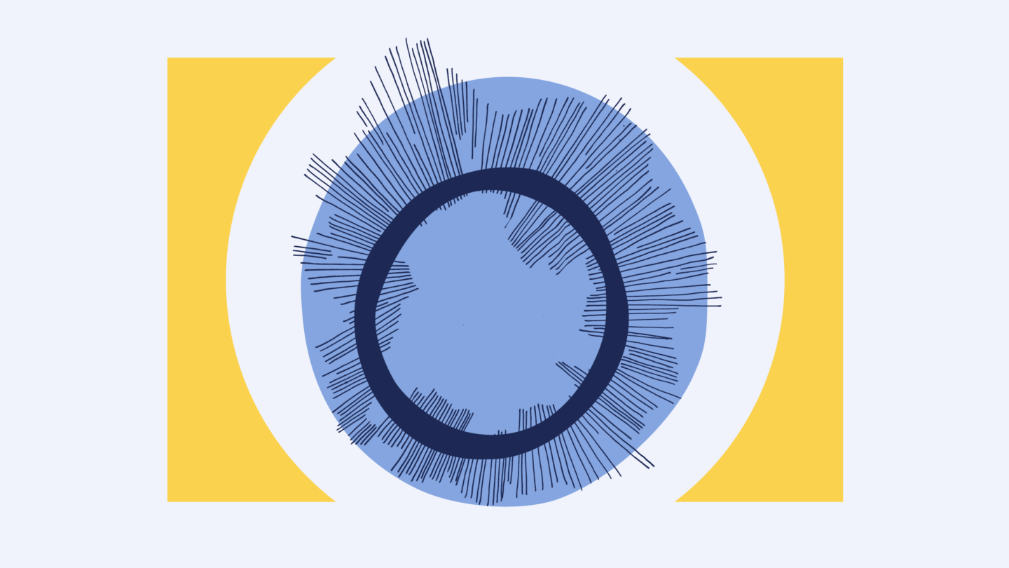 Abstract image with a large blue circle featuring radiating dark lines, surrounded by a white ring and two yellow arcs on each side, set against a light gray background.