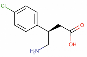 Chemical structure of 4-chlorophenylalanine, showing a benzene ring with a chlorine atom, an amino group, and a carboxylic acid group. Colors: chlorine (green), amino (blue), carboxyl (red).