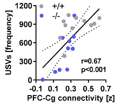 Scatter plot of USV frequency vs. PFC-Cg connectivity showing a positive correlation (r=0.67, p