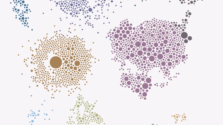 A cluster diagram of colored circles in various sizes grouped by color, representing data relationships. The humanbase logo appears at the bottom left.