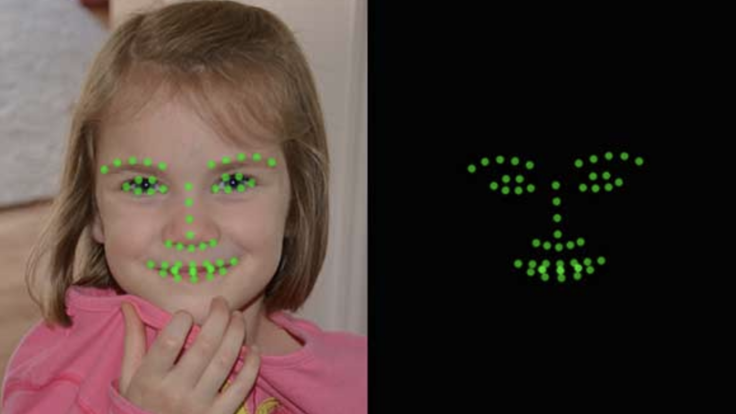 A young child smiles at the camera. On the left, green dots highlight facial features. On the right, only the green dots form an outline of the face on a black background.
