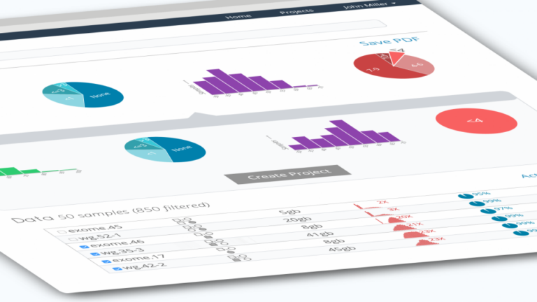 A tilted computer screen displays data visualizations, including pie and bar charts, colored graphs, a Save PDF button, and a table with project data and progress bars.