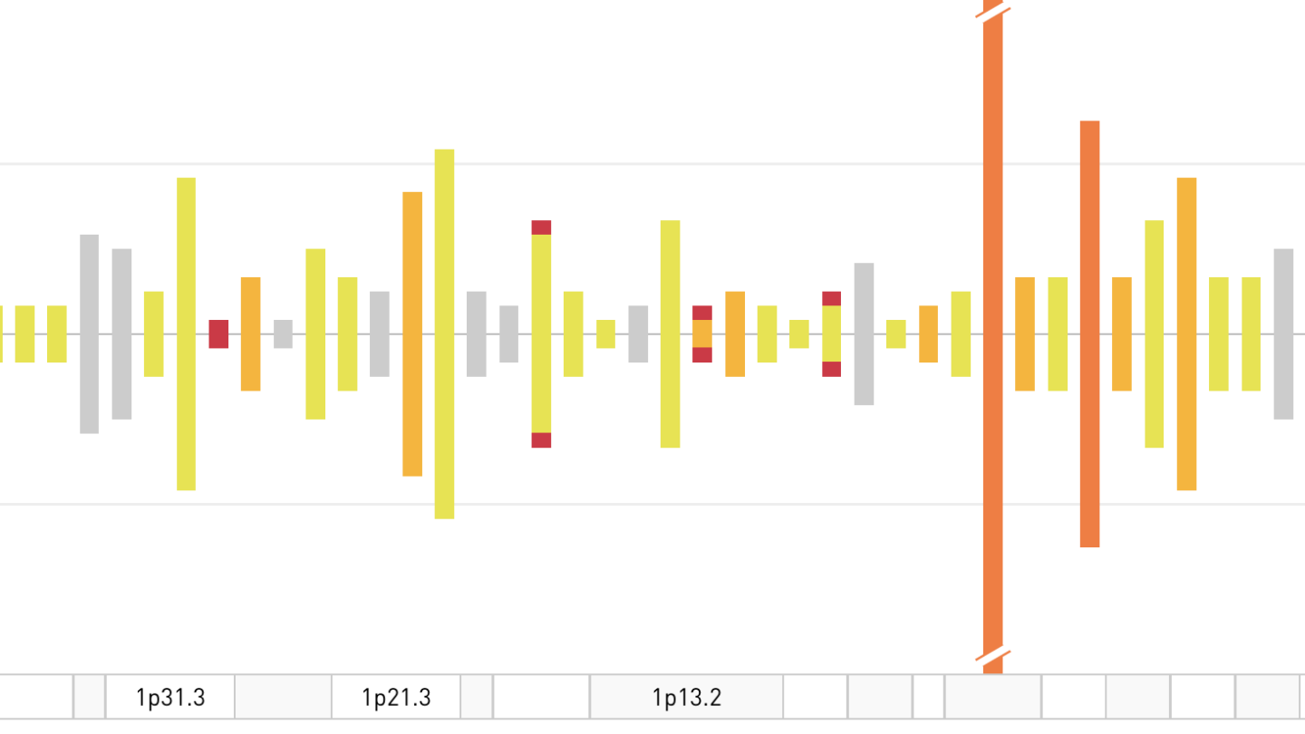 Bar chart with vertical lines of varying lengths and colors (gray, yellow, orange, red) distributed along a horizontal axis labeled with genetic markers such as 1p36.33 to 1q44.