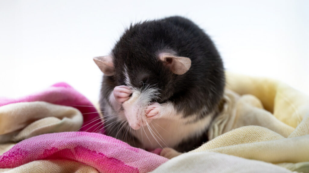 A white rat with black ears grooms itself, covering both eyes with the paws. The rat is sitting on a pink and yellow blanket.