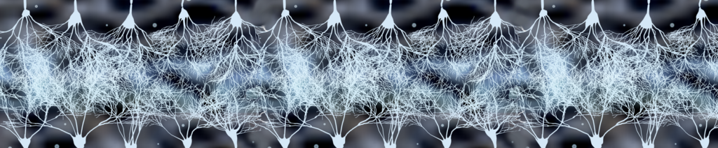 Abstract digital art shows a repeating pattern of tangled white lines, resembling neural networks or spider webs, on a dark, blurred background with blue and gray tones.