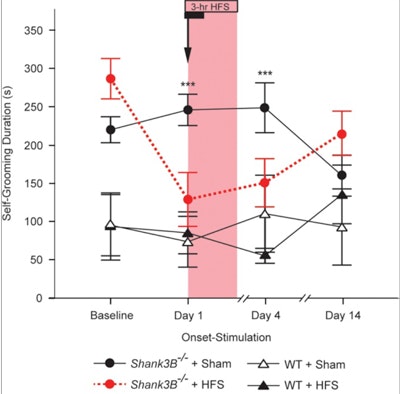 Line graph showing self-grooming duration over time for four mouse groups. Shank3B-/- + HFS shows a significant increase on Day 1, indicated by *** and a shaded area marking 3-hr HFS. Error bars show variability.