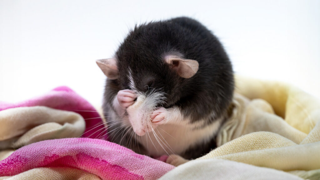 A white rat with black ears grooms itself, covering both eyes with the paws. The rat is sitting on a pink and yellow blanket.