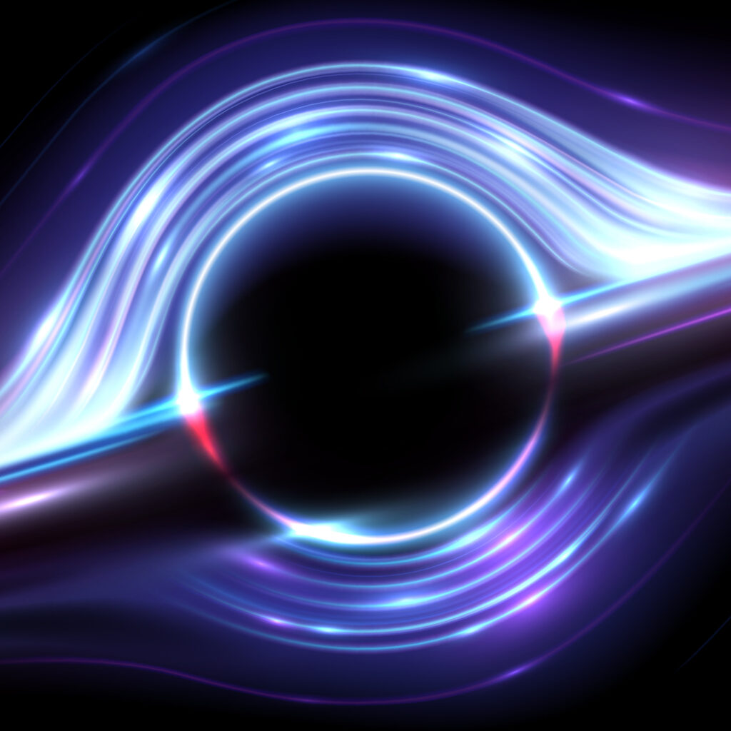 A glowing black circle with swirling blue, purple, and pink neon light trails surrounding it on a dark background, representing a stylized black hole or abstract cosmic phenomenon.