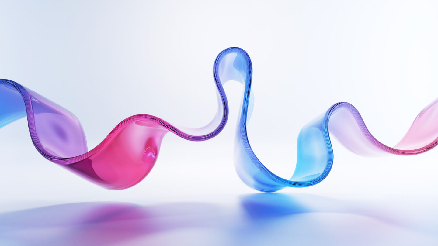 A pink and blue abstract ribbon weaves across the page.