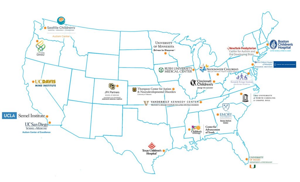 Map of the US showing locations and logos of various childrens hospitals, medical centers, and autism centers across the country, with each institutions label positioned near its respective city.